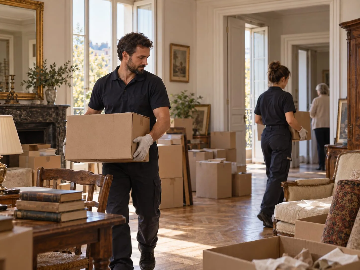 Deux intervenants en tenue sombre et gants blancs portent des cartons dans un grand salon aux meubles anciens et au parquet en point de Hongrie