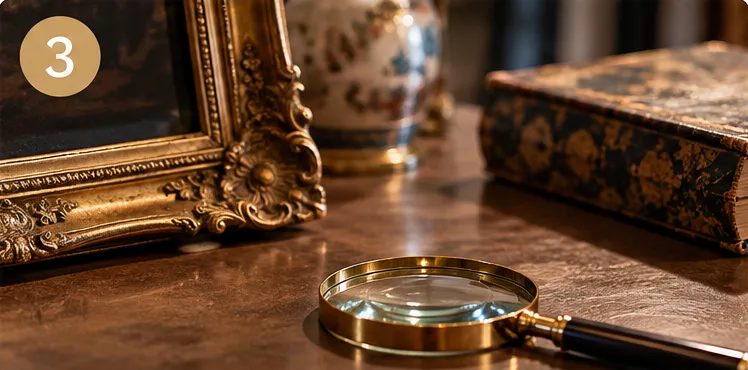 Loupe en laiton posée près d'un cadre doré et d'un livre ancien