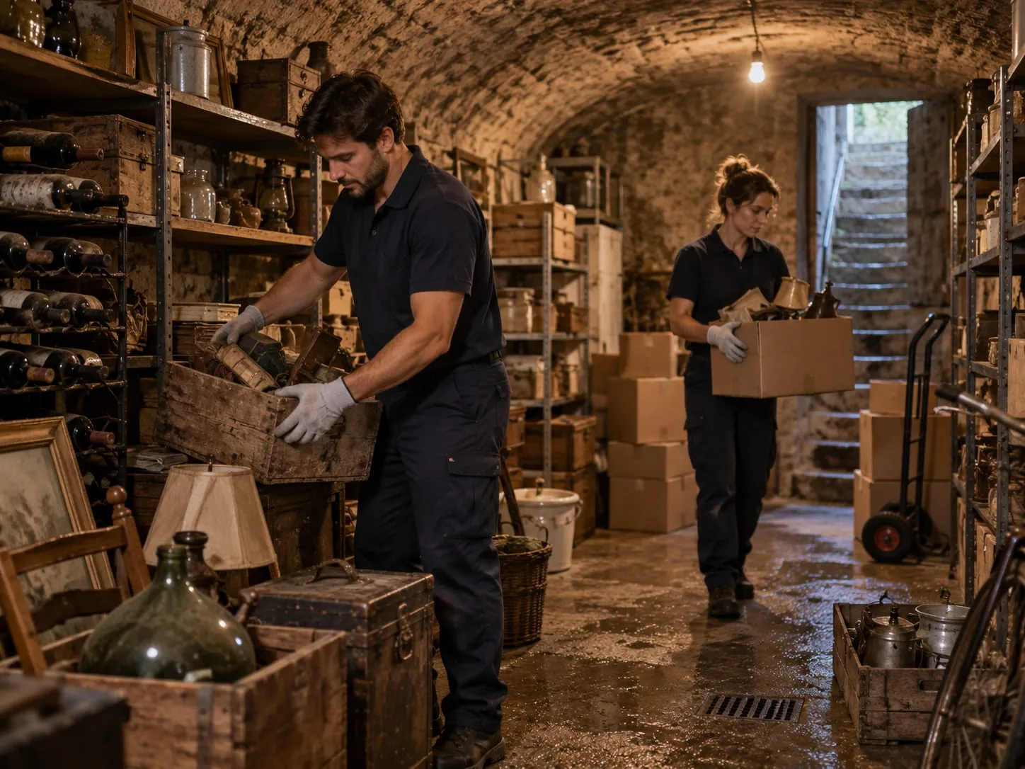 Un homme et une femme en tenue sombre et gants sortent des caisses en bois et des cartons d'une cave voûtée en pierre