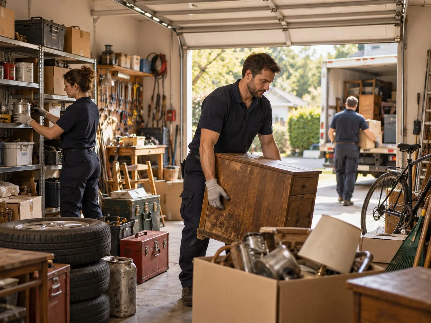 Dans un garage ouvert, un homme en polo sombre porte une commode ancienne en bois vers un camion pendant qu'une femme range des étagères