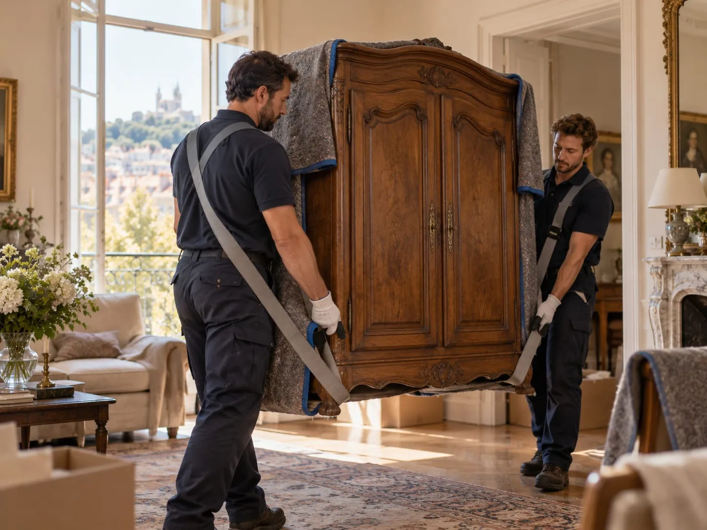 Deux déménageurs en tenue sombre sanglent et portent une grande armoire ancienne en bois protégée par une couverture, dans un salon lumineux