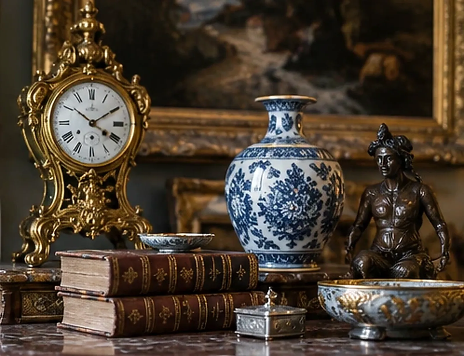 Pendule ancienne en bronze doré, vase en porcelaine bleu et blanc, statuette en bronze et livres anciens reliés, disposés devant un tableau à cadre doré