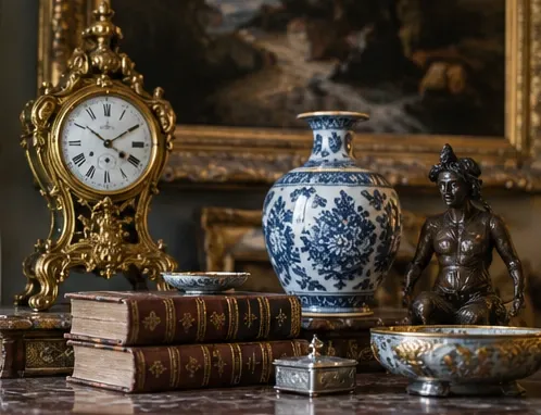 Pendule dorée rocaille, vase bleu et blanc, livres anciens reliés, bronze et coupes devant un tableau à cadre doré