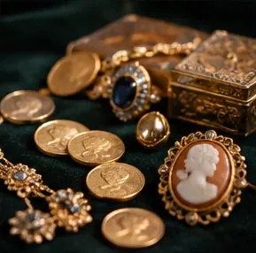 Camée, pièces d'or, bijoux sertis de pierres bleues et coffret doré anciens sur un velours vert sombre