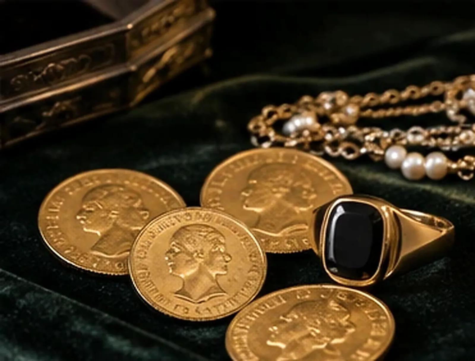 Pièces d'or anciennes, chevalière en or avec onyx noir et collier de perles posés sur un velours vert foncé