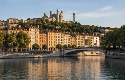 Vue sur les quais de la Saône à Lyon, avec ses façades colorées, un pont en pierre et la basilique de Fourvière sur la colline au coucher du soleil