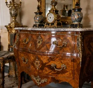 Commode galbée d'époque en marqueterie, bronzes dorés et plateau de marbre, surmontée d'une pendule, de vases et d'un miroir doré