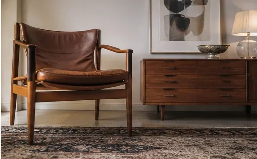 Fauteuil scandinave vintage en cuir cognac devant une commode en bois à tiroirs, avec un tableau abstrait et une lampe, sur un tapis ancien