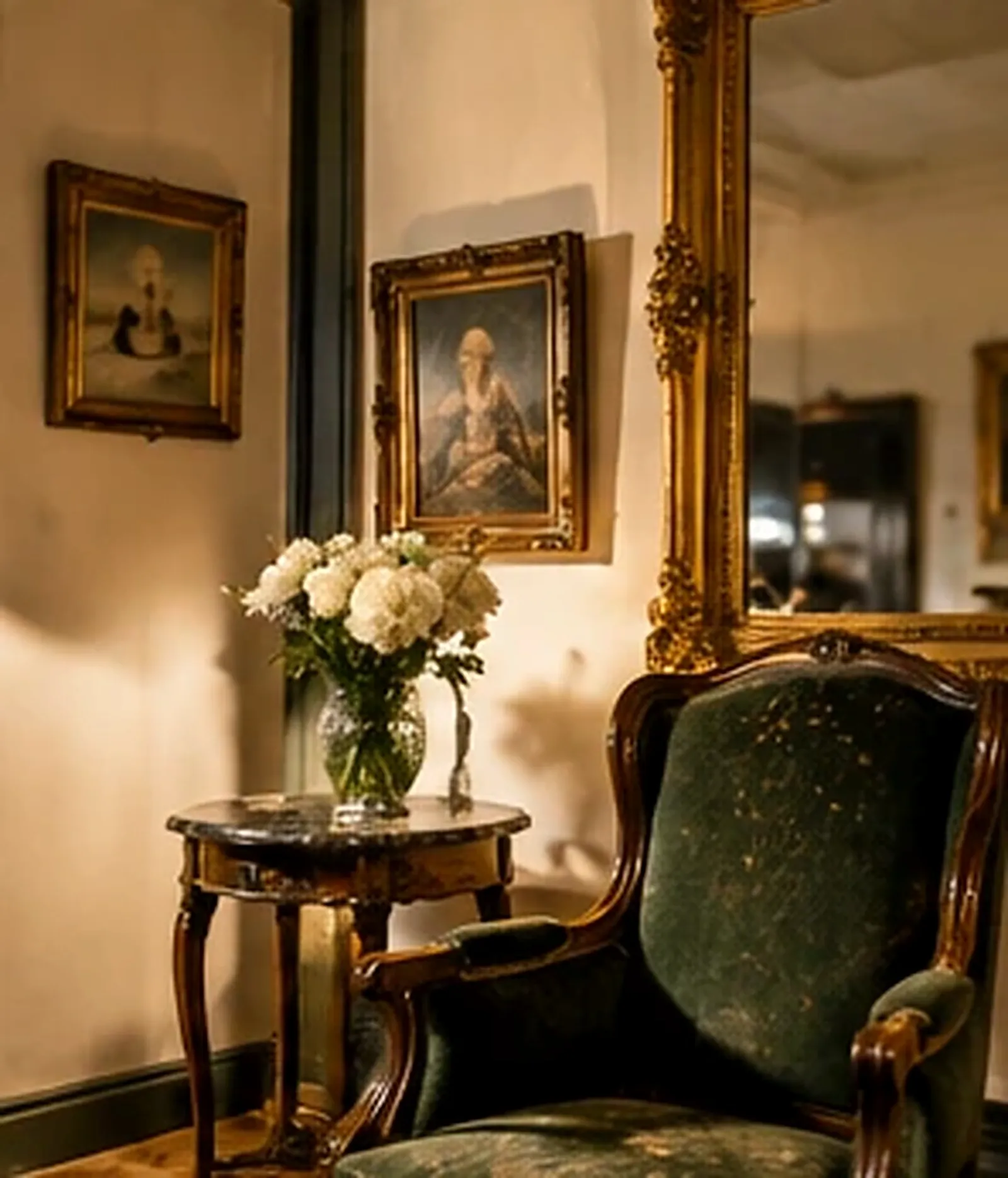 Fauteuil ancien en velours vert devant un grand miroir à cadre doré, avec un guéridon en marbre, un bouquet de fleurs blanches et des tableaux anciens encadrés
