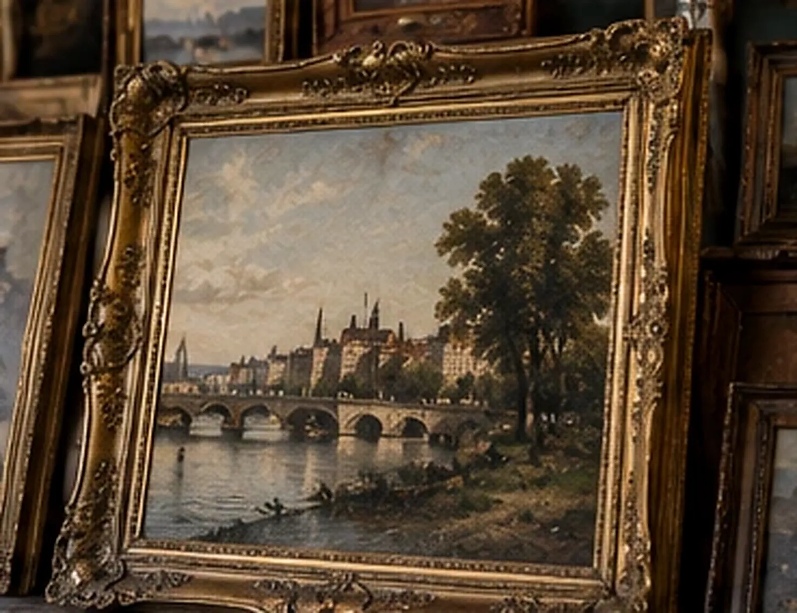 Tableau ancien représentant un pont en pierre sur une rivière avec un grand arbre et des immeubles au loin, dans un cadre doré sculpté